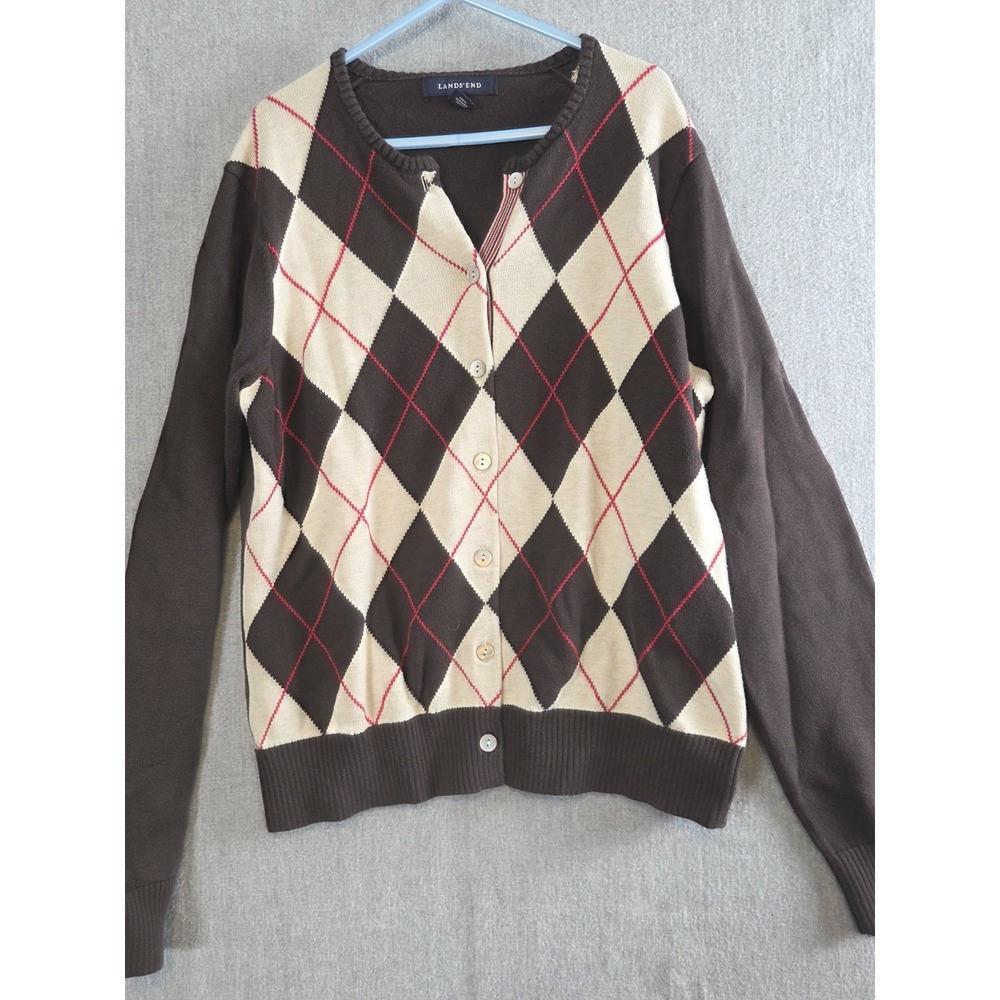 Lands End XS Petite Argyle Cardigan Sweater Brown Beige Preppy Old Money Career